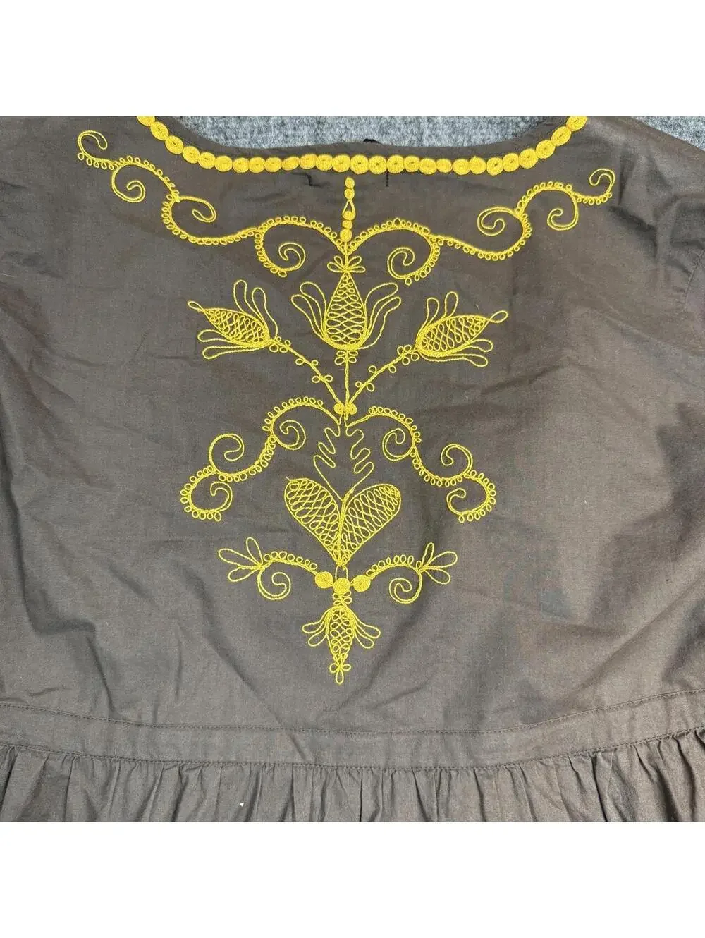 Lucky Brand Mini Dress XS Brown Yellow Floral Embroidered